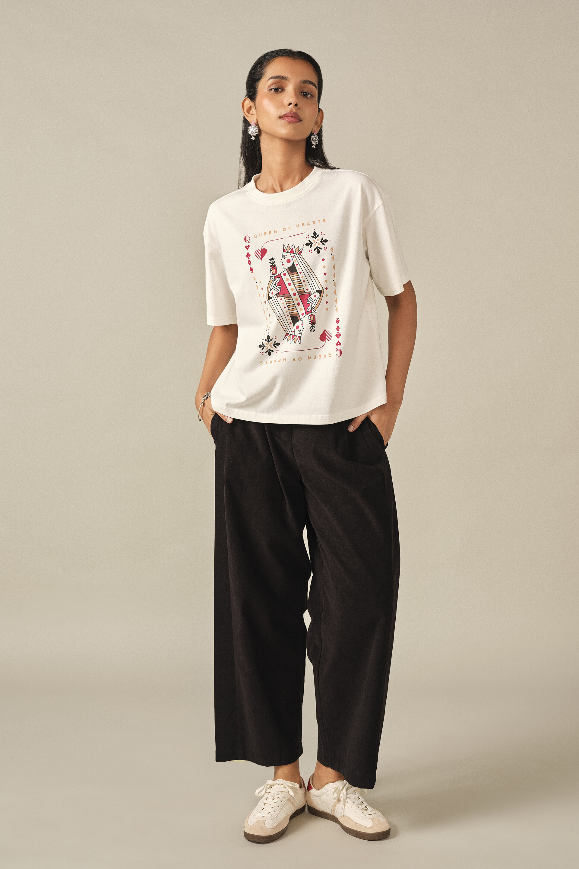 Printed Cotton T-shirt in Off White, Off White, image 4